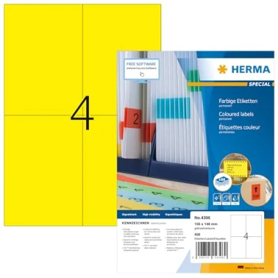 Abbildung von HERMA 4396 Farbige Etiketten gelb, 100 Blatt, 105 x 148 mm, 4 pro A4 Bogen, 400 Stück, selbstklebend, bedruckbar, matt, blanko Papier Farbetiketten Aufkleber