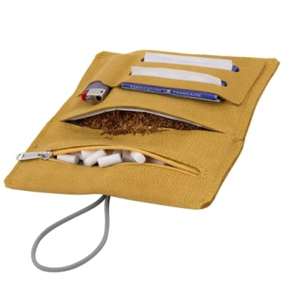 Abbildung von SIMARU Tabaktasche aus hochwertigem Echt Leder für 30g Tabakbeutel, Echtleder Dreher Tasche/Drehtabaktasche inkl. Filterfach und Plättchen Halter (Amber)