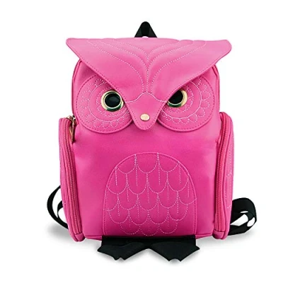 Abbildung von YUHUAWYH Damen PU Leder Rucksack Mädchen Freizeit Cartoon Eule Daypack Tasche (Stieg Rot)