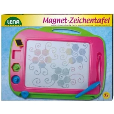 Abbildung von Lena 65714 Große Color Magnet Zeichentafel, Magnettafel ca. 41 cm, Zaubertafel mit Griff, befestigten Stift und 3 Stempel, Zaubermaltafel für Kinder ab Jahre, Maltafel 4 Farbfeldern, Rosa