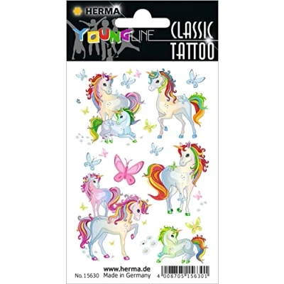 Abbildung von HERMA 15630 Temporäre Tattoos Einhorn, 13 Stück, Klebetattoos zum Aufkleben, Fake Aufkleber mit Schmetterlinge Motiv, Kindertattoos Sticker für Geburtstag Fasching Karneval Kinder Erwachsene