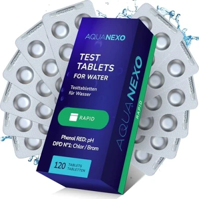 Abbildung von AQUANEXO Test Tabletten für Pool pH und Chlor, 60 Phenol red + DPD 1 Tabletten, Testtabletten Chlor wert, Pooltester, Messtabletten Tester, Zubehör (120)