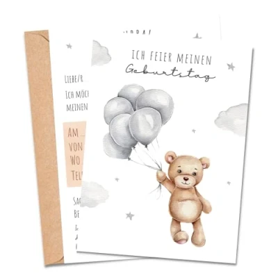 Abbildung von MeinBaby123® 10 Einladungskarten Kindergeburtstag Mädchen und Jungs süße Geburtstagseinladungen für Kinder Bär inkl. Briefumschläge Premium Qualität (Bär V1)