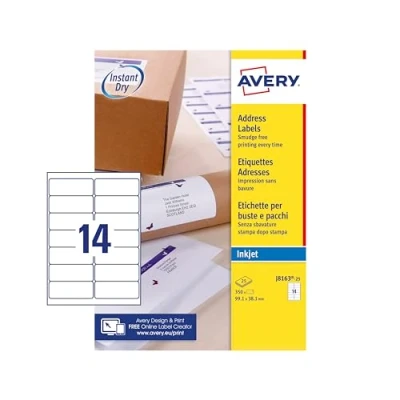 Abbildung von AVERY Zweckform schnelltrocknende Adressetiketten für Tintenstrahldrucker 14 pro Blatt 99,1 x 38,1 mm 350 Etiketten weiß