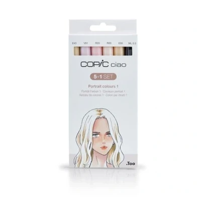 Abbildung von COPIC Ciao 5+1 Set &quot;Portrait Colours 1&quot;, 5 Twin Marker mit einer mittelbreiten und Brush Spitze, inkl. Multiliner Black 0,3 mm