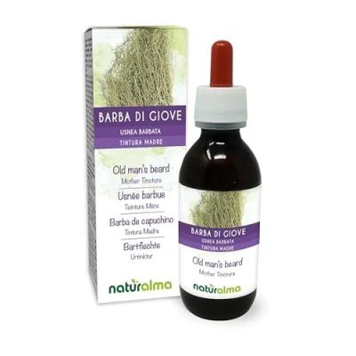 Abbildung von Bartflechte oder Jupiterbart (Usnea barbata) Thallus (Flechte) Alkoholfreier Urtinktur Naturalma Flüssig Extrakt Tropfen 120 ml Nahrungsergänzungsmittel Veganer