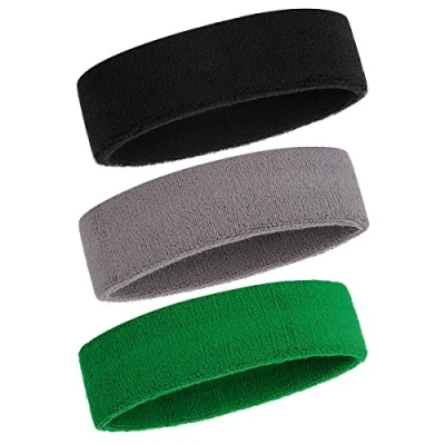 Abbildung von ONUPGO Schweißband Stirnband für Männer &amp; Frauen 3PCS Sports Stirnbänder Feuchtigkeitstransport Athletic Cotton Terry Cloth Schweißabsorbierende Kopfband (Black/Grey/Green)