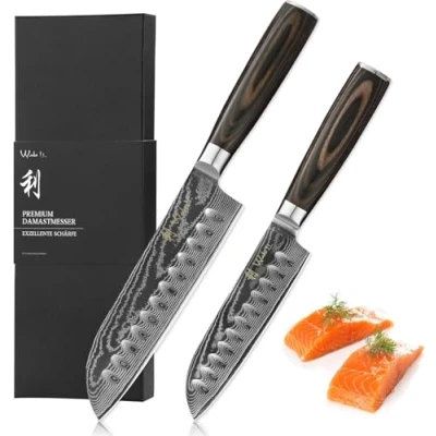 Abbildung von Wakoli EDIB Essentials 2er Damast Küchenmesser Set 12cm &amp; 18cm Santoku Messer aus 67 Lagen Damaststahl Pakkaholzgriff Inklusive Geschenkbox Fingerschutz Profi Kochmesser