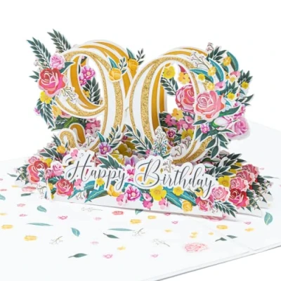 Abbildung von LIMAH® Pop Up 3D Grußkarte/Hochwertige PopUp Geburtstagskarte zum 90. Geburtstag/Happy Birthday Motiv/in weiß Gold/Groß mit Glitzer
