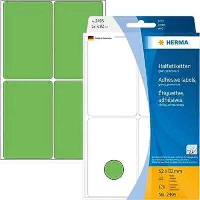 Abbildung von HERMA 2495 Vielzweck Etiketten, 128 Stück, 52 x 82 mm, 4 pro Bogen, selbstklebend, Haushaltsetiketten zum Beschriften, matt, blanko Papier Klebeetiketten Aufkleber, grün