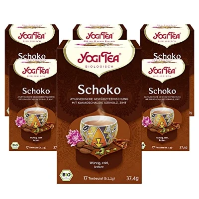 Abbildung von Yogi TEA, Schoko, Ayurvedischer Bio Gewürztee Schokoladengeschmack, Mischung aus Kakao, Lakritz und Zimt, Tee 6er Pack, 6x17 Beutel (102 Teebeutel insgesamt), Ideal als Geschenk
