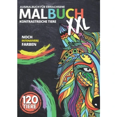 Abbildung von XXL MALBUCH &quot;Kontrastreiche Tiere&quot; Ausmalbuch für Erwachsene 120 Tiere: Ausmalblock, mit Tier Mandalas A4 Format Schwarzer Hintergrund intensive Farben