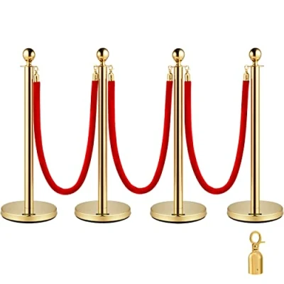 Abbildung von VEVOR Edelstahl Absperrpfosten Seil Abgrenzungsständer Kugelkopf 3 Rote Samtseile Goldene Säule 4 Packung Crowd Control Barriers Gold