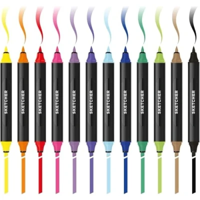 Abbildung von Molotow Sketcher Twinmarker Main Kit 1 (Brush Tip &amp; 3mm Keilspitze, farbintensive Aqua Pro Tinte, schnelltrocknend, für die Anwendung auf Papier) 12 Stifte mehrfarbig