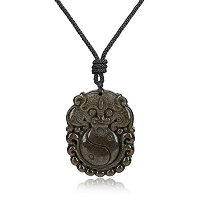 Abbildung von COAI Geschenkideen Glückskette mit Pixiu Anhänger Bagua Gravur aus Obsidian Gold Amulett Asiatischer Stil