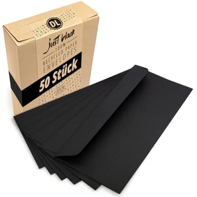 Abbildung von Japun Briefumschläge (50 Stück) aus Papier, Kuvert, Umschlag ohne Fenster DIN lang 220 x 110 mm schwarz