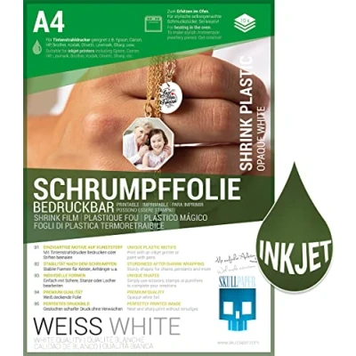 Abbildung von SKULLPAPER® Schrumpffolie Bedruckbar, Beschreibbar, Bemalbar, Bestempelbar für individuellen Schmuck und mehr (A4 10 Blatt) (Weiss)