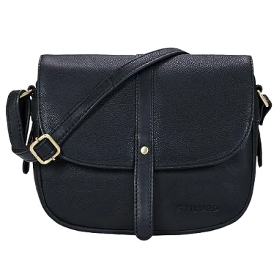 Abbildung von STILORD &#039;Kira&#039; Handtasche aus Leder für Damen, Umhängetasche, Vintage, kleine Umhängetasche Ausflüge, Abendveranstaltungen, Shopping, Schwarz, M, Schulranzen