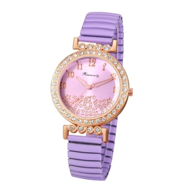 Abbildung von JewelryWe Damenuhr Elastisch Diamant Uhr: Glitzer Zirkonia Sterne Analog Quarz Armbanduhr Damen Violett Edelstahl Stretch Armband Lässige Uhr mit Zugarmband &amp; leicht ablesbarem Digitalskala