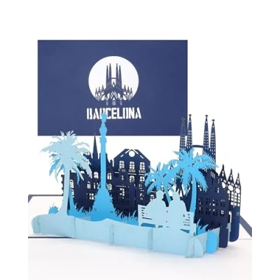 Abbildung von Pop Up Karte „Barcelona Panorama mit Sagrada Familia“ 3D Grußkarte, Souvenir, Einladung, Geschenk &amp; Reisegutschein zum Spanien Urlaub Städtetrip