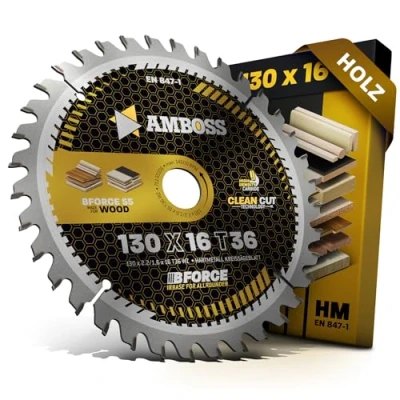 Abbildung von HM Kreissägeblatt 130x16 Z36 Wechselzahn für Holz Feinschnitt. AMBOSS WERKZEUGE® Sägeblatt 130mm komp. zu Metabo 4340*. 6311. BHK 01*. 2*. KS 3340 S. 40 Max* und SHK 01 uvm.