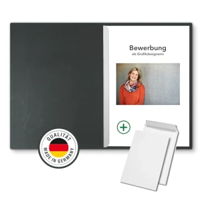 Abbildung von 10 Stück 2 teilige Bewerbungsmappen Schwarz mit 1 Klemmschiene in feinster Lederstruktur inkl. Versandumschläge Weiß GRATIS hochwertige Prägung „BEWERBUNG“