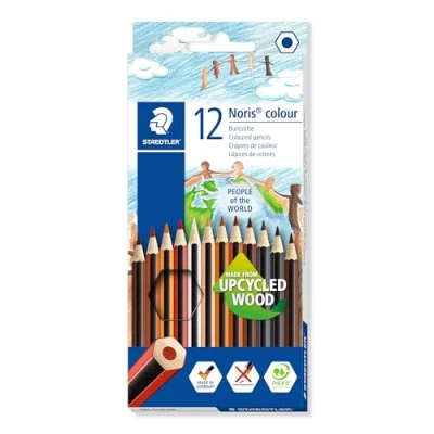 Abbildung von STAEDTLER Buntstifte Noris colour, rutschfeste Soft Oberfläche, hohe Bruchfestigkeit, Made from Upcycled Wood, Sechskantformat, Set mit 12 Hautfarben Varianten im Kartonetui, 185 C12POW