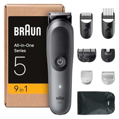 Abbildung von Braun All in One Series 5 Groomingset 9 1, ultrascharfe Klinge, 120 Min Akku, SkinGuard Technologie, Präzises Trimmen, AquaGrip für unter Wasser, AIO5545, Grau
