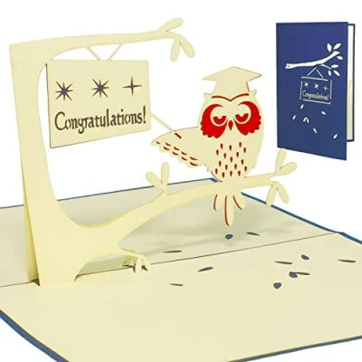 Abbildung von LINPOPUP®, LIN17350, Pop Up Karte, 3D Karte Eule Grußkarte, Glückwunschkarte zur bestandenen Prüfung, mit Doktorhut Congratulations, N230