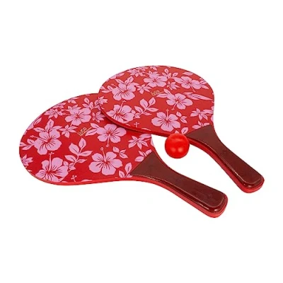 Abbildung von Beach Ball Spiel Holz Set Retro in rot mit Blumenmuster, 2 Holzschläger, 1 Freizeitspaß für Garten und Strand 3269