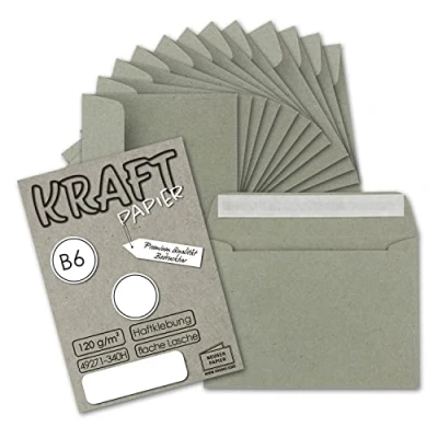 Abbildung von 50x Vintage Umschläge in Grau DIN B6 125 x 176 mm 120 g/m² Kraftpapier Recycling Haftklebung GUSTAV NEUSER