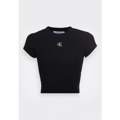 Abbildung von Calvin Klein Damen T Shirt Kurzarm Ck Rib Baby Tee Cropped, Schwarz (Ck Black), L