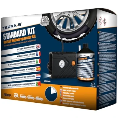 Abbildung von TERRA S T56001 Reparaturkit für Reifenpannen, Standardausrüstung, Notfallausrüstung, mit Dichtmittel und Reifenpumpe, geeignet Autos andere Kraftfahrzeuge, Reparatur in 15 Minuten
