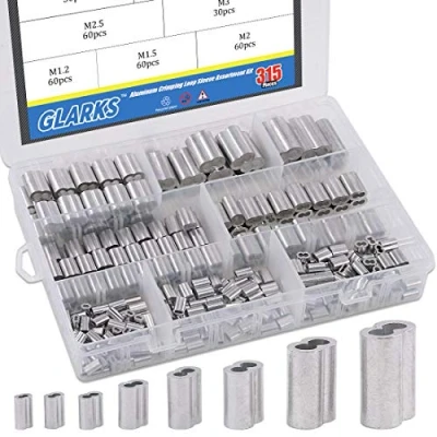 Abbildung von Glarks 315 Stück 8 Größen Aluminium Crimpschlaufenhülse Doppelzylinder Hülse für Drahtseil und Kabelleitung Ende Sortiment Kit M1.2 M6