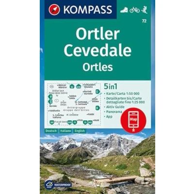 Abbildung von KOMPASS Wanderkarte 72 Ortler/Ortles, Cevedale 1:50.000: 5in1 mit Panorama, Aktiv Guide und Detailkarten inklusive Karte zur offline ... in der App. Fahrradfahren. Skitouren.