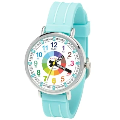 Abbildung von Kiddus Lern Armbanduhr für Kinder, Jungen und Mädchen. Analoge mit Zeitlernübungen. Time Teacher. Deutsch Turquoise