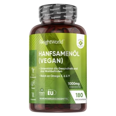 Abbildung von Hanfsamenöl Softgels Omega 3, 6 &amp; 9 Fettsäuren Alternative zu Fischöl 180 Weichkapseln 1000mg kaltgepresstes Hanföl Hemp Seed Oil Monate Vorrat Natürliche Zutaten WeightWorld