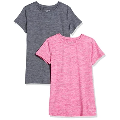 Abbildung von Amazon Essentials Damen Active Quick Dry Tech Stretch Kurzarm T Shirt mit Rundhalsausschnitt (in Übergröße erhältlich), 2er Pack, Himbeere Space dye/Kohlegrau dye, XL Große Größen