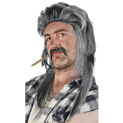 Abbildung von SET aus: Vokuhila Perücke + Bart Goldkette Rocker Prollperücke Vokuhilaperücke Proll Pimp Blond Brünette Grau Schwarz 80er 90er Jahre (Grau/Schwarz Goldkette)