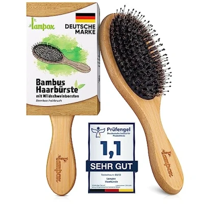 Abbildung von Bambus Haarbürste mit Wildschweinborsten Kopfmassage Haarpflege, Entwirrbürste für lange Haare &amp; Locken von Damen, Herren Kinder, Massagebürste die Kopfhaut, Detangler (oval)