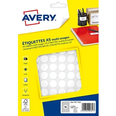 Abbildung von Avery 1536 Pastilles Ø15 mm Brett A5 Weiß (pet15 W)