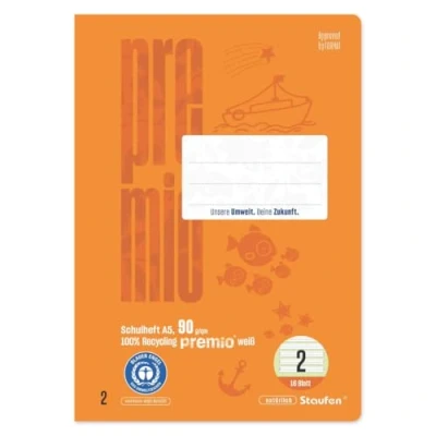 Abbildung von Staufen premio Schreiblernheft 10 Hefte je 16 Blatt, DIN A5, Lineatur 2 (4/4/4mm liniert, farbig hinterlegte Lineatur), 90 g/m² Recyclingpapier, runde Ecken verhindern „Eselsohren“