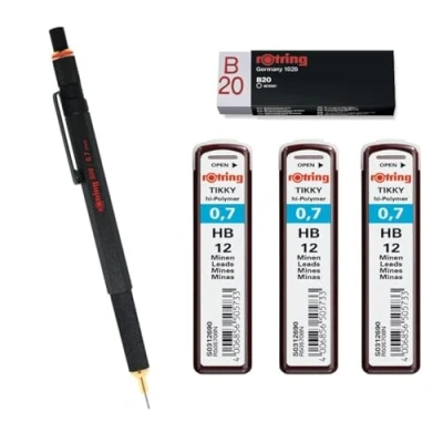 Abbildung von rOtring Druckbleistift 800 0,7 mm 1904446 Schwarz 3 x Tikky Minen HB Radiergummi B20