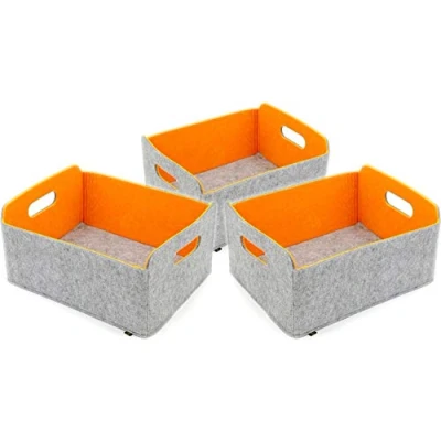 Abbildung von Luxflair 3er Set faltbarer Aufbewahrungskörbe aus waschbarem Filz graumeliert/orange, 30x24x15cm. Ordnungsbox, Regalbox, Faltbox, Spielzeugkorb, Filzkorb