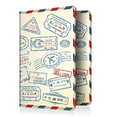 Abbildung von Fintie Reisepass Impfpass Schutzhülle Premium Kunstleder Reisepasshülle Travel Organizer mit RFID Blockier für Kreditkarten, Ausweis, Reisedokumente Damen Herren, Stempel Design