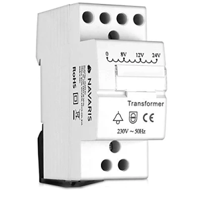 Abbildung von Navaris Klingeltrafo Türklingel 8V 12V 24V passt auf genormte Hutschiene Klingeltransformator für max. 8VA Gong Klingel Trafo Weiß