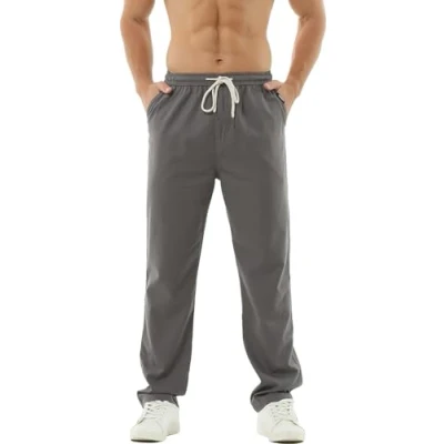 Abbildung von HOEREV Men Casual Strandhosen Leinen Hose Gr. XL (Taille 39 41 zoll), Dunkelgrau