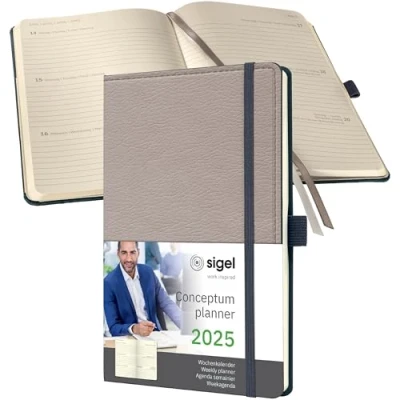 Abbildung von SIGEL C2553 Terminplaner Wochenkalender 2025, Lederoptik, ca. A5, beige, Hardcover, 192 Seiten, Gummiband, Stiftschlaufe, Archivtasche, aus nachhaltigem Papier, Conceptum