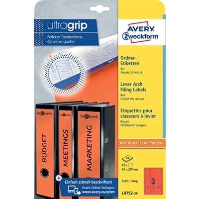 Abbildung von AVERY Zweckform L4752 20 Ordnerrücken Etiketten (60 Rückenschilder mit ultragrip, 61x297mm auf A4, breit/lang, selbstklebend, absolut blickdicht, bedruckbare Ordneretiketten) Blatt, rot, Mittel