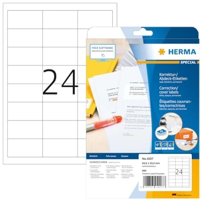 Abbildung von HERMA 4227 Korrekturetiketten blickdicht, 25 Blatt, 64,6 x 33,8 mm, 24 pro A4 Bogen, 600 Stück, selbstklebend, bedruckbar, matt, blanko Papier Abdeckaufkleber Etiketten, weiß